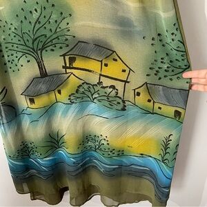 Vintage Artsy Chiffon Maxi Dress Sz M Green Oversized Relaxed Scenic Unique EUC
